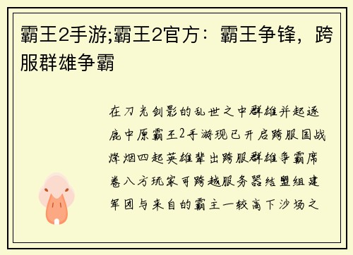 霸王2手游;霸王2官方：霸王争锋，跨服群雄争霸